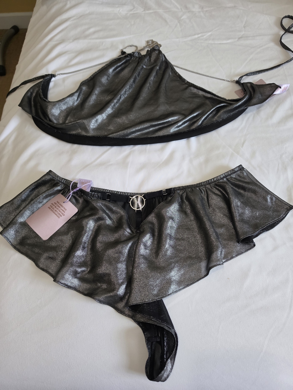 Savage X Fenty Metallic Silver Ruffle Two-Piece Lingerie Set Top (S) Bottom (M).